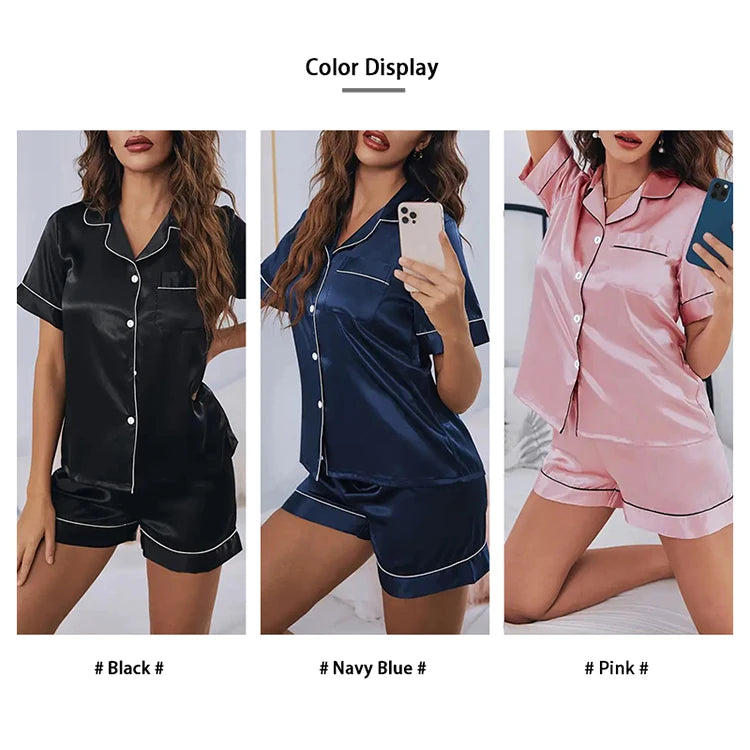 Three images showing a women's satin pajama set in black, navy blue, and pink with button-down tops and shorts.