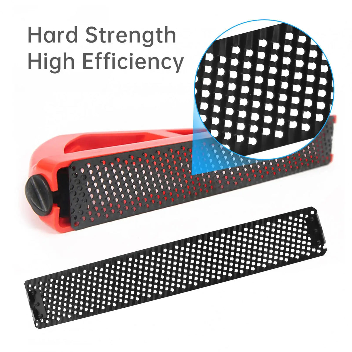 A red and black flat shaver blade with a magnified view showing the dense grid of cutting teeth.