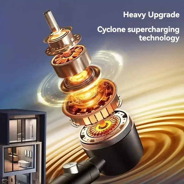 A heavy upgrade cyclone supercharging technology shower head is shown next to a shower fixture.