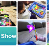 Children playing with a magnetic fishing game set and inflatable pool toys outdoors and indoors.