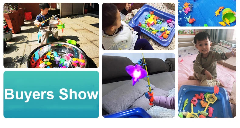 Children playing with a magnetic fishing game set and inflatable pool toys outdoors and indoors.