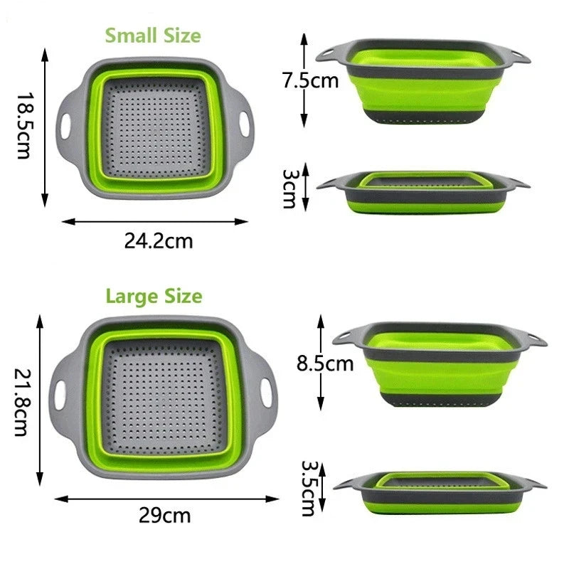 Un jeu de deux paniers de drainage en silicone vert lime et gris, en petites et grandes tailles.