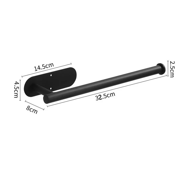 Black stainless steel wall-mounted paper towel holder with a 32.5cm bar and a 14.5cm mounting plate.