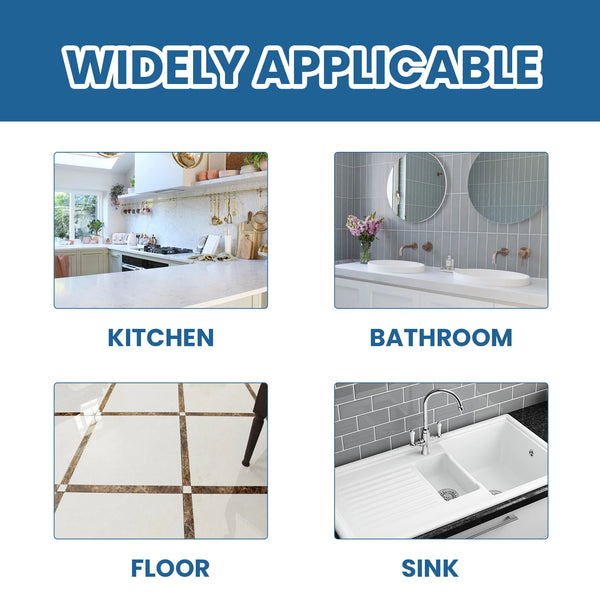 Image showing various applications of a tile grout sealer repair pen for kitchen, bathroom, floor, and sink surfaces.