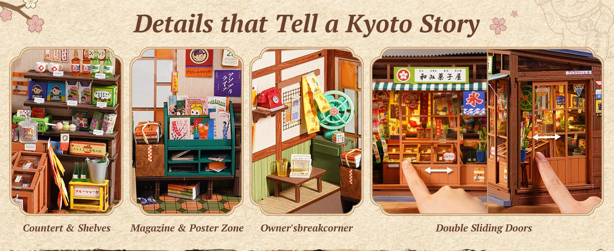 Details that tell a Kyoto story showing a corner shop display, magazine zone, owner's corner, and double sliding doors
