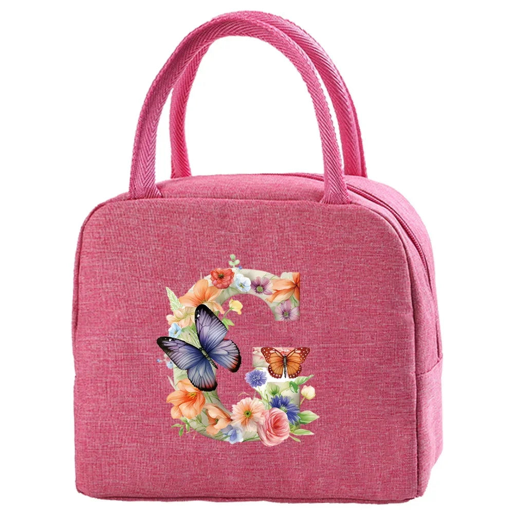 Insulated Canvas Lunch Bag with Butterfly Letter Pattern