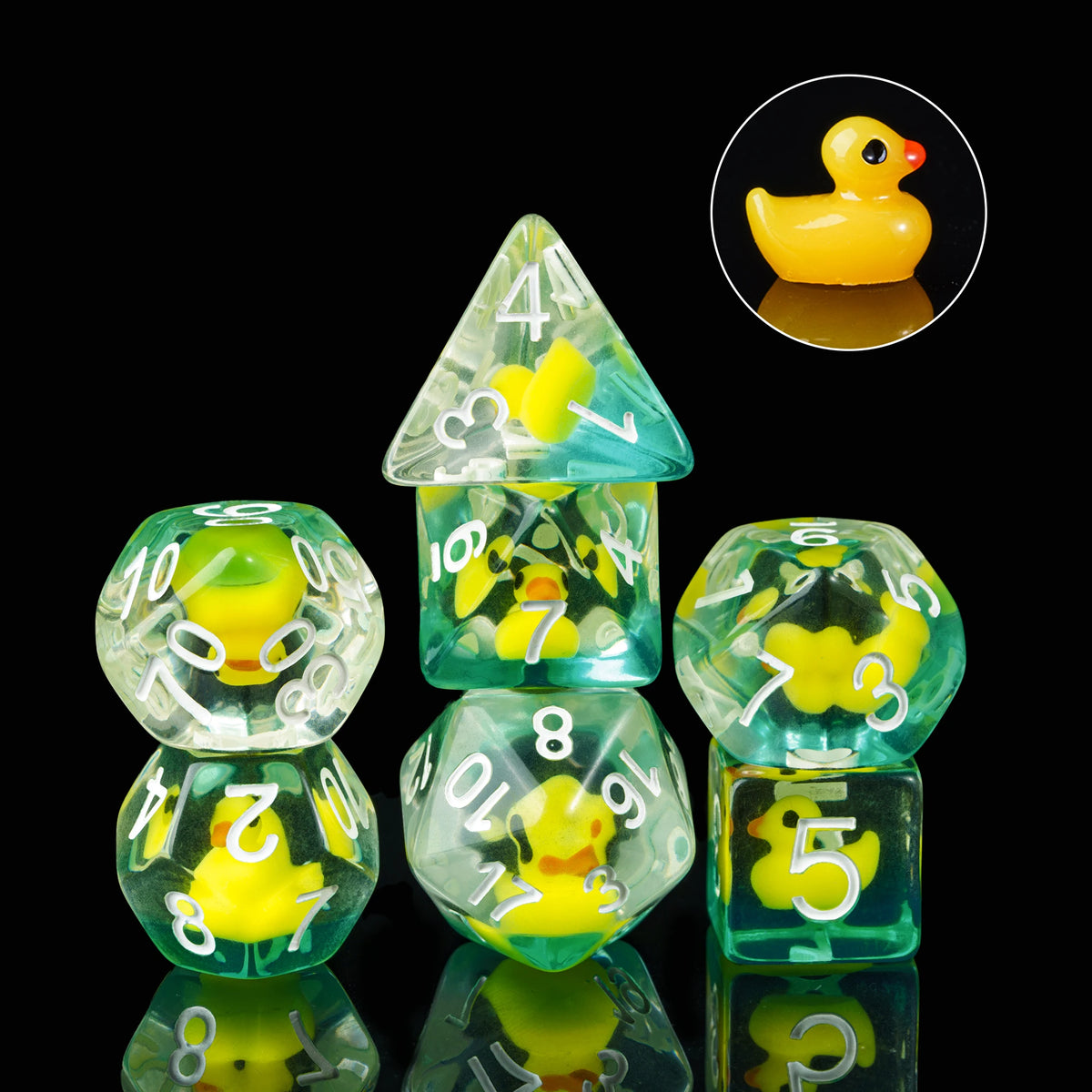 A set of adorable animal resin dice featuring yellow and green hues, displayed against a black background.