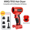 Red MWQ-TF05 hair dryer compatible with Milwaukee 20V battery showing various attachments and the battery connector.