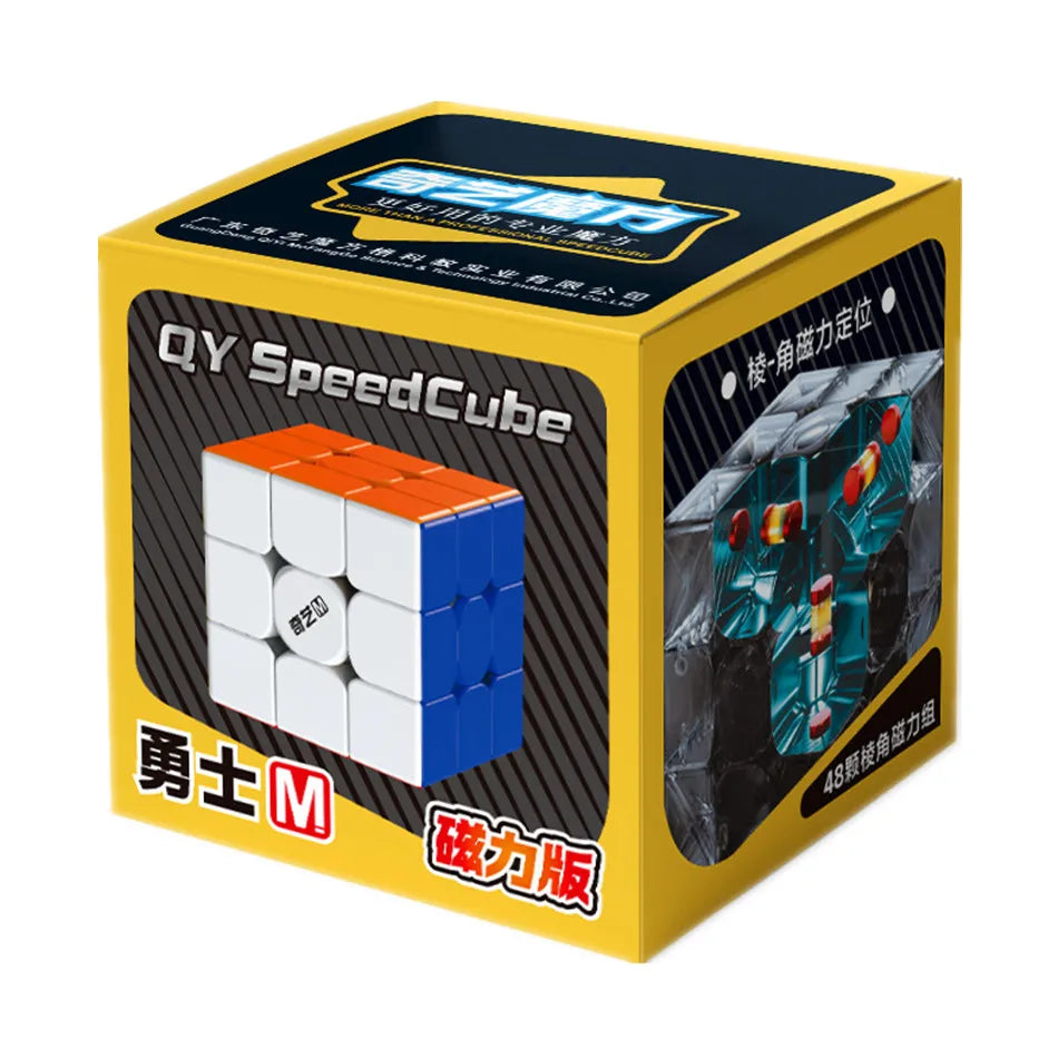 A yellow box displaying a QY SpeedCube puzzle with red and blue magnetic cubes.