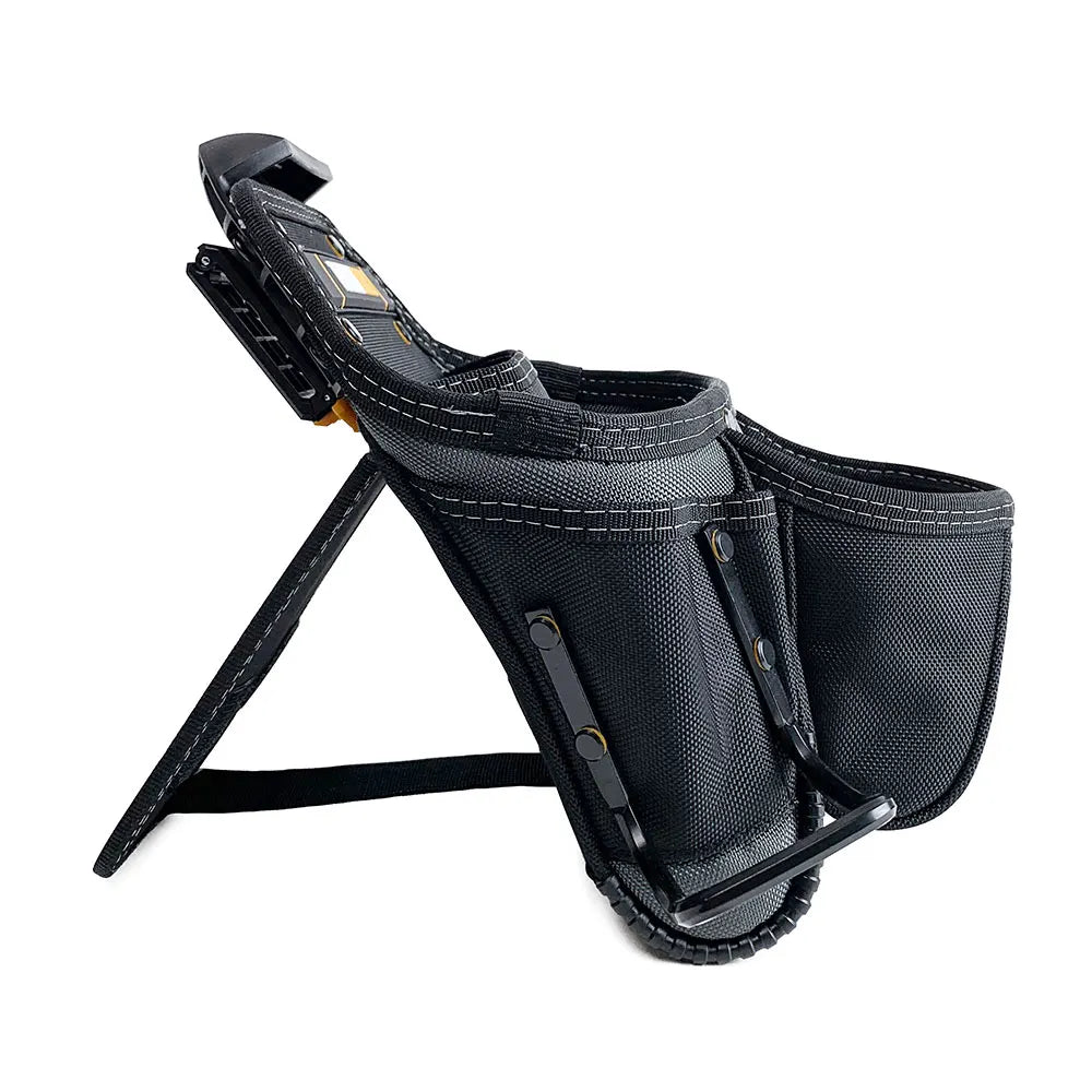 Black heavy-duty construction tool pouch with a clip and hammer loop.