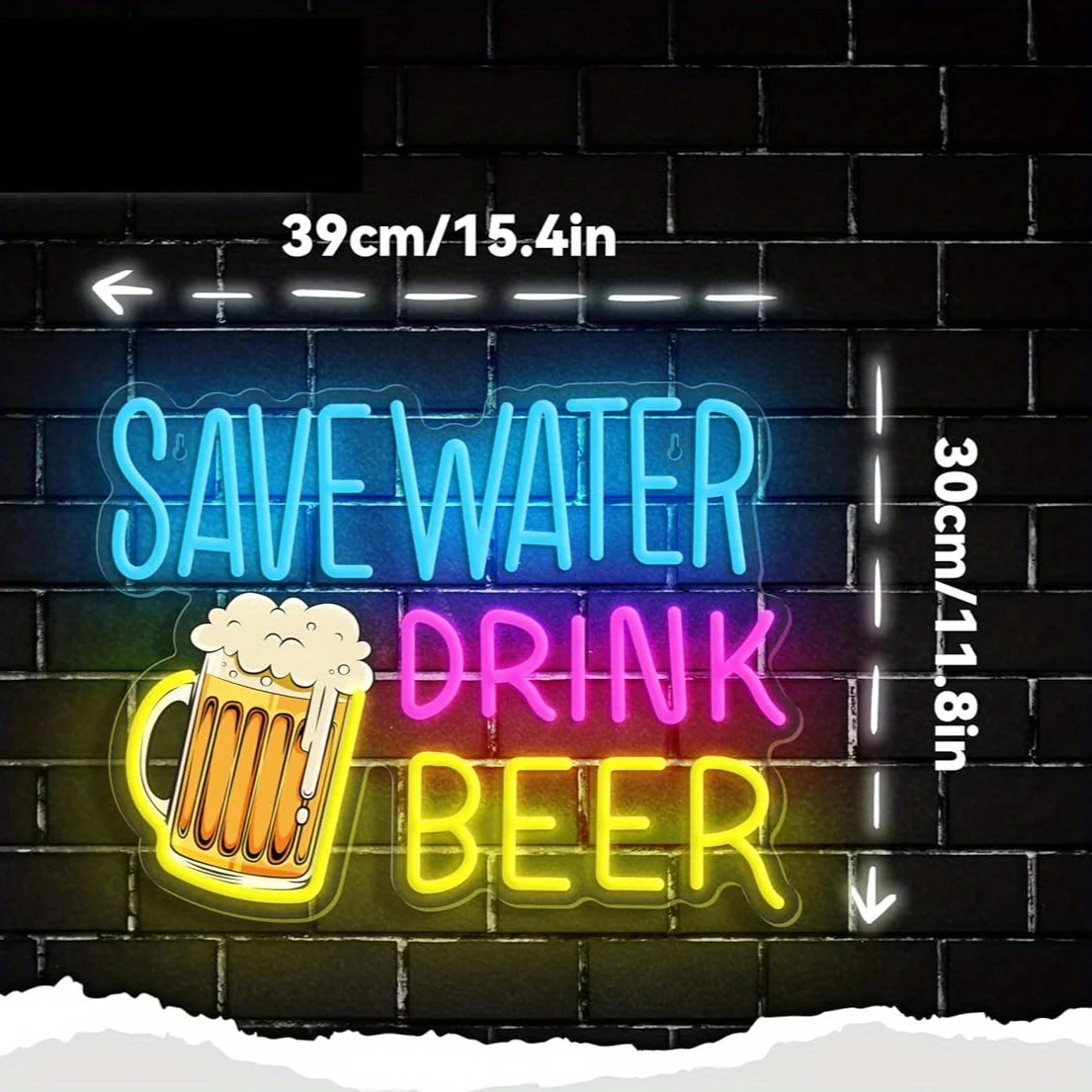 An LED neon sign featuring the text Save Water Drink Beer on a brick wall background.