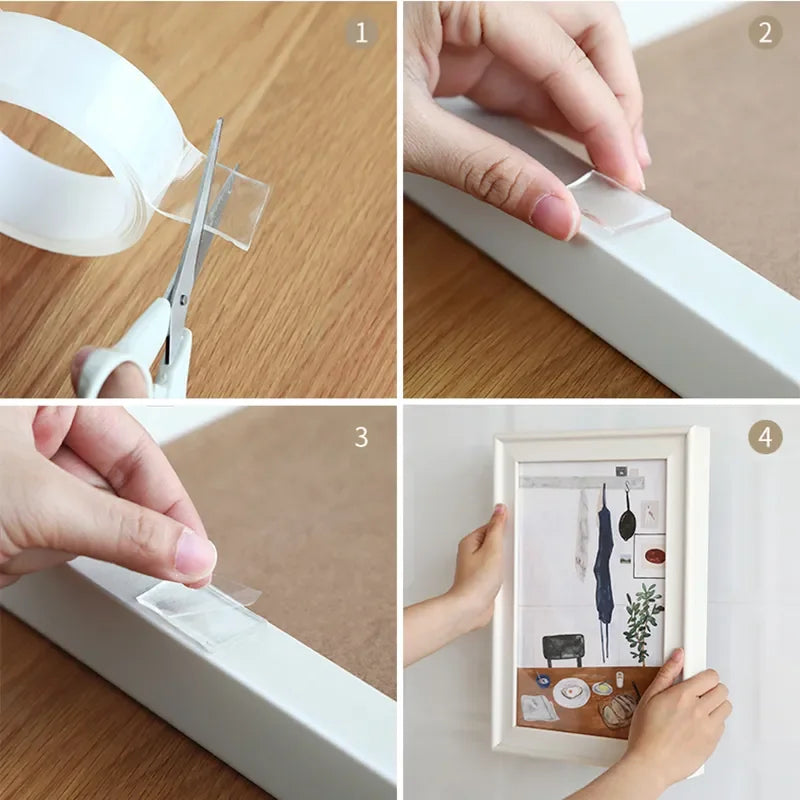 Quatre étapes montrant comment utiliser du ruban adhésif nano double face pour fixer de petits objets.