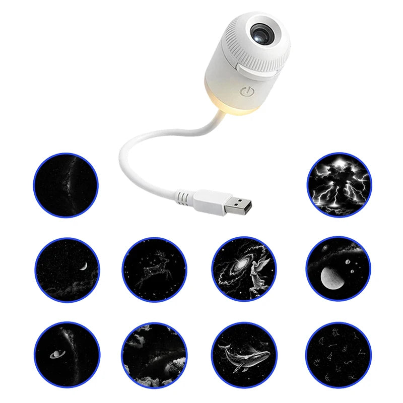 A white mini galaxy star projector night light with a flexible cord and various star patterns displayed on a dark background.