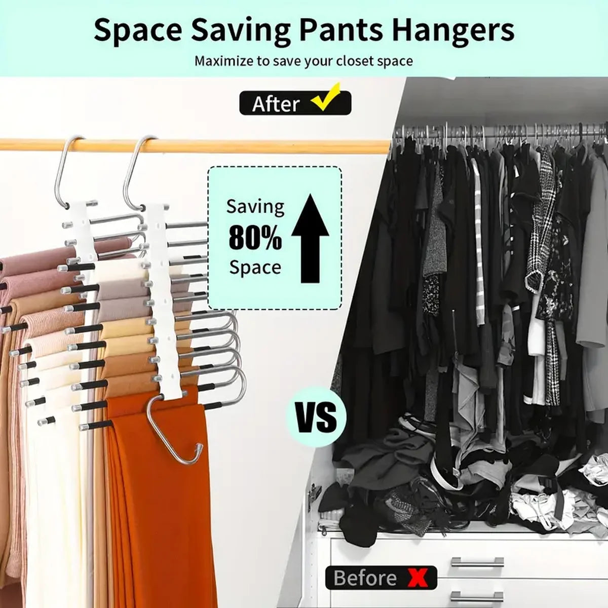 Comparison showing space saving pants hangers maximizing closet space before and after use