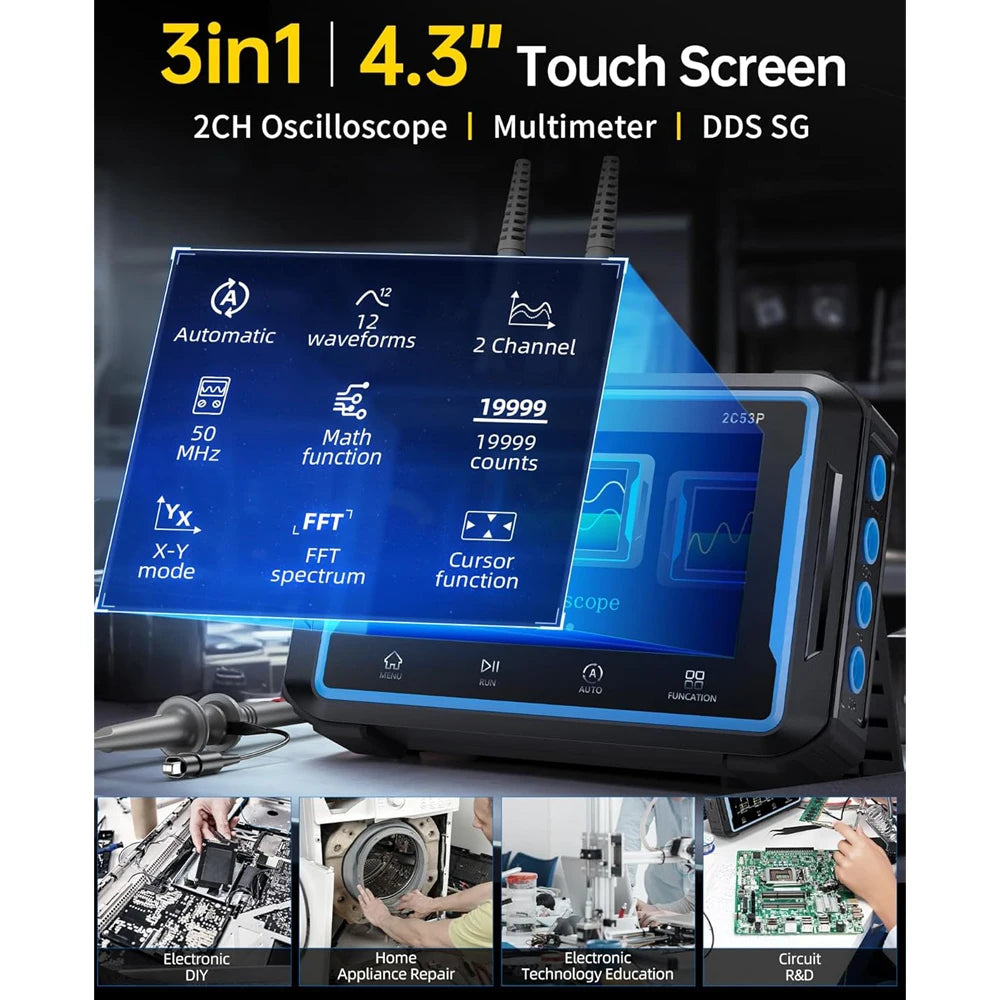 3-in-1 Handheld Oscilloscope, Multimeter, and Signal Generator with Touchscreen