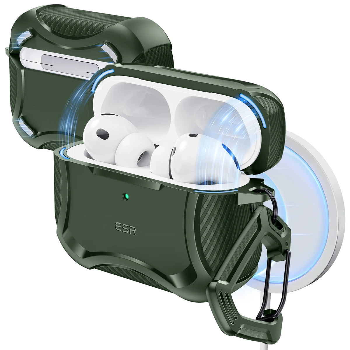 A green case for AirPods Pro 3 earbuds, showing the earbuds inside and a magnetic lock mechanism.