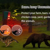 A solar-powered motion sensor alarm with a strobe light is shown protecting a farm from unwanted animals.