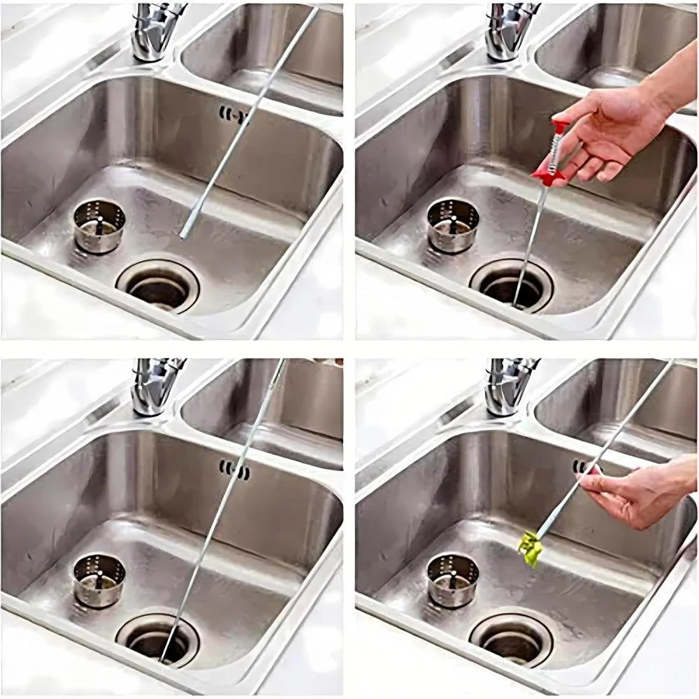 A hand is using a flexible drain snake to clear a clog in a kitchen sink.