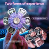 A hand holds two forms of a fidget spinner, one expanded and one contracted, demonstrating two modes of experience.
