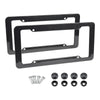 A set of black carbon fiber style license plate frames for front and rear plates, including mounting hardware.