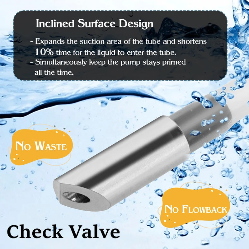 Stainless steel liquid soap dispenser with an inclined surface design and check valve shown in water.