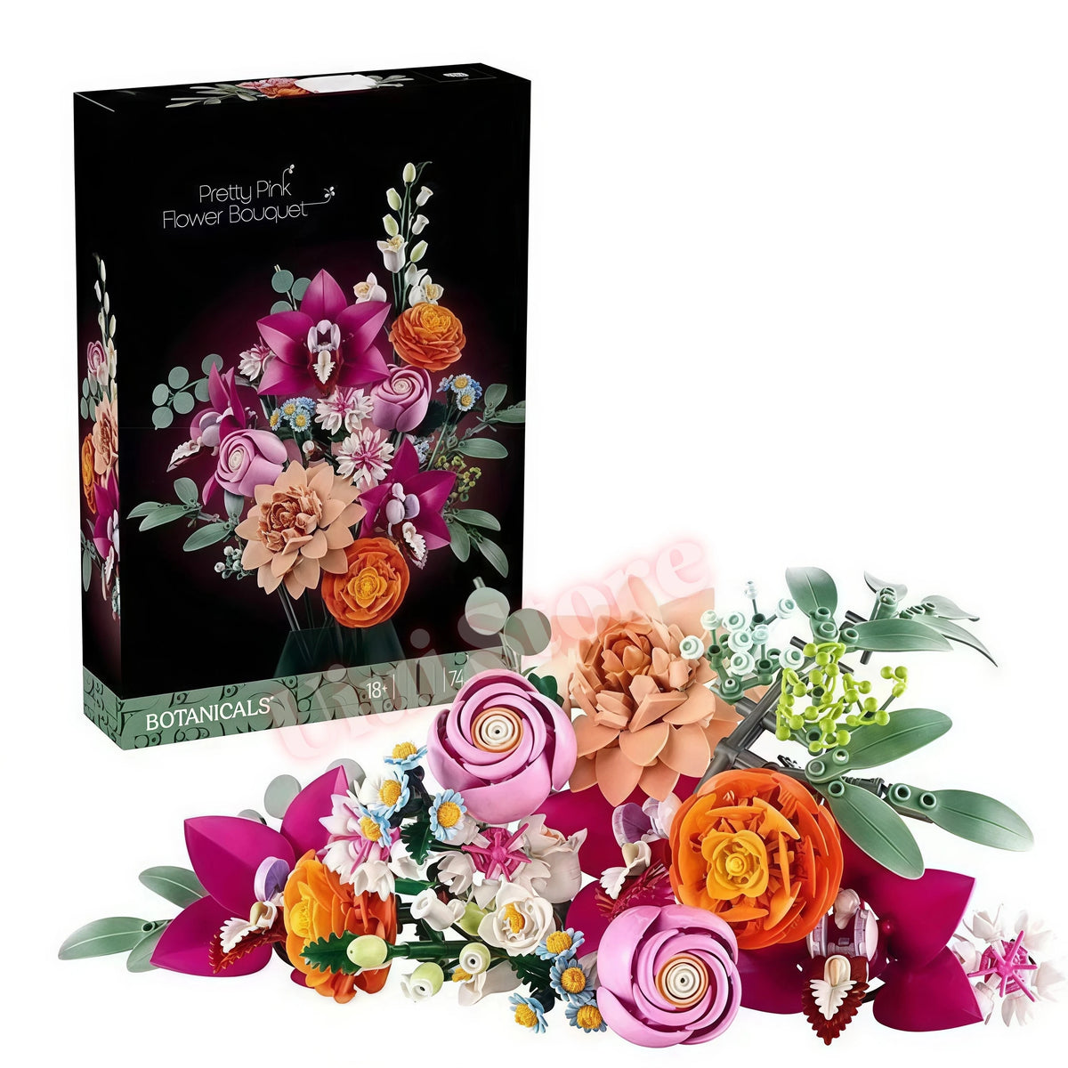 A box of Pretty Pink Flower Bouquet building blocks featuring various artificial flowers in shades of pink, orange, and green