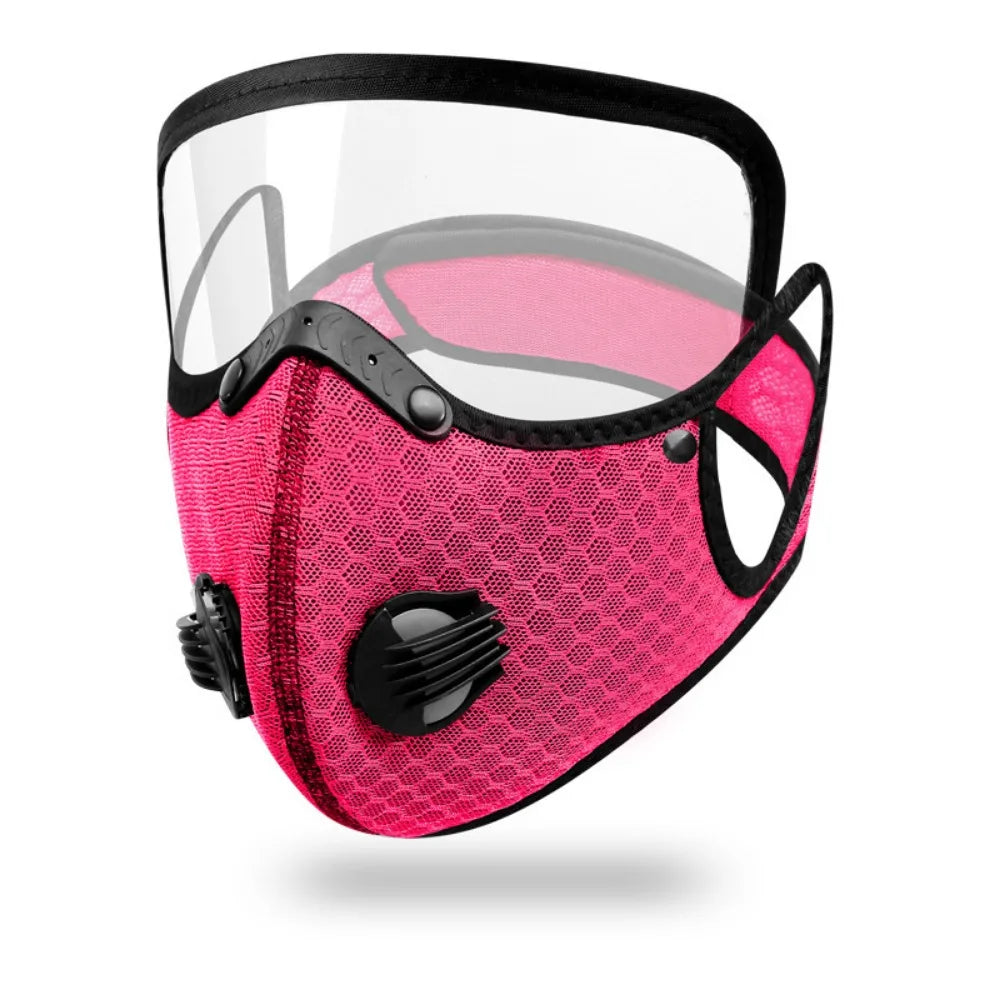 A pink reusable cycling face mask with a clear shield and black accents.