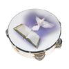 An 8-inch wooden tambourine with jingle bells featuring an open book and a white dove illustration.