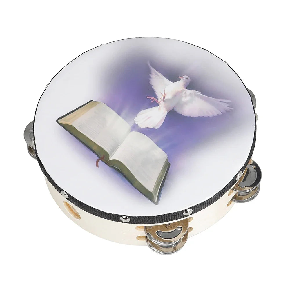 An 8-inch wooden tambourine with jingle bells featuring an open book and a white dove illustration.