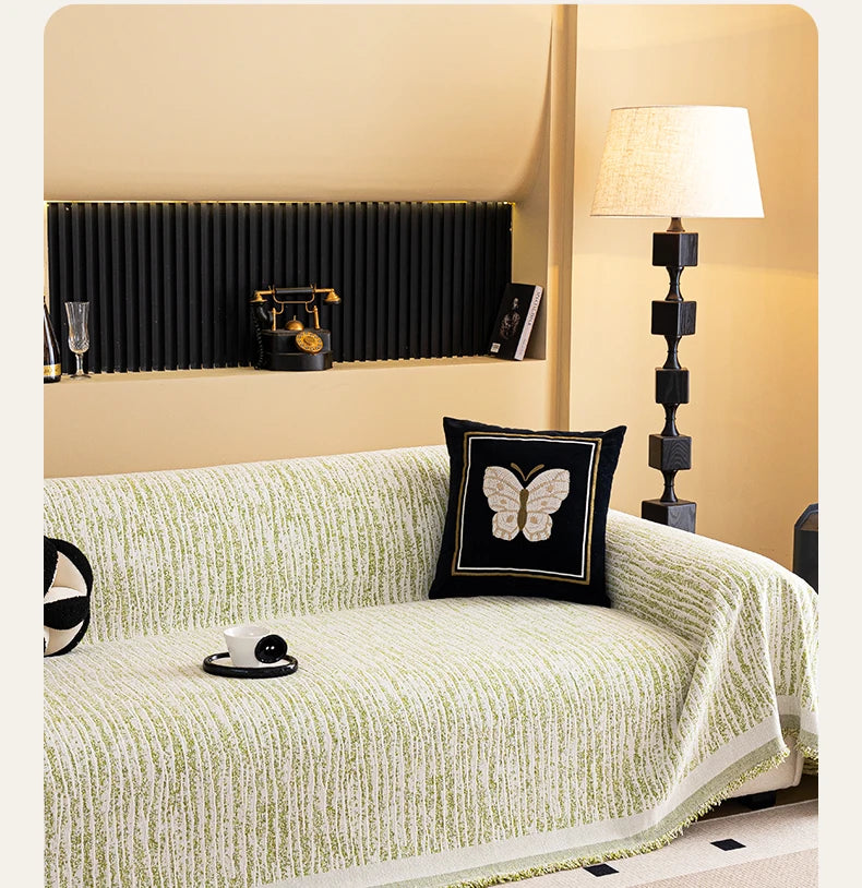 Thick Chenille Sofa Cover with Tassel Fringe — Scratch Resistant & Reversible