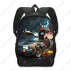 Schwarzer taktischer Rucksack mit dramatischer Darstellung eines modifizierten Fahrzeugs mit Blitzeffekten.