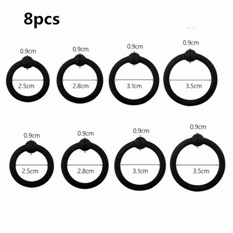 Eight silicone cock rings of varying diameters, ranging from 0.9cm to 3.5cm.