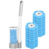 A disposable toilet brush kit with a white holder and blue silicone brushes in an auto-open container.