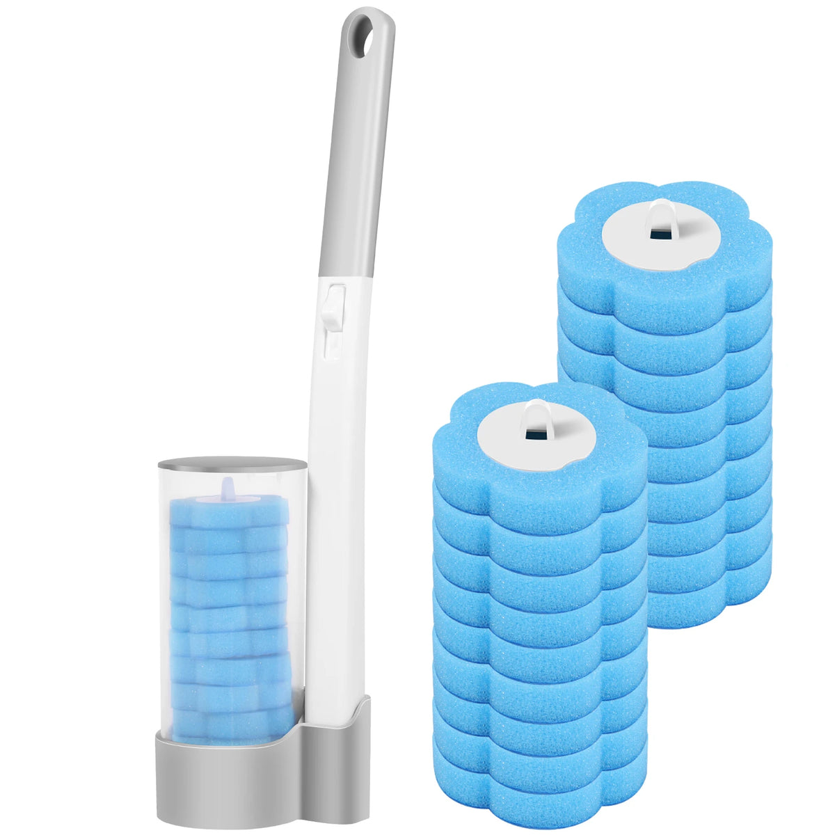 A disposable toilet brush kit with a white holder and blue silicone brushes in an auto-open container.