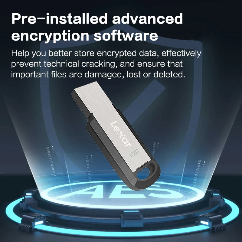 A Lexar M400 USB 3.2 flash drive is shown inside a blue shield graphic with technical encryption text.