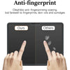 Hands demonstrate an anti-fingerprint coating on a screen protector, showing clear separation between ours and others fingerp