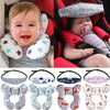 A set of baby car seat head and neck support pillows with safety straps in various patterns.