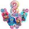 A set of pink and gold foil balloons shaped like the number 8 and various themed decorations for a music-themed birthday part
