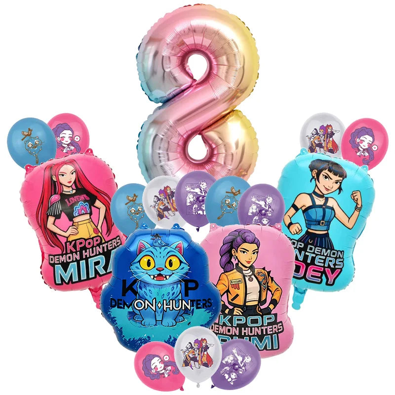 A set of pink and gold foil balloons shaped like the number 8 and various themed decorations for a music-themed birthday part