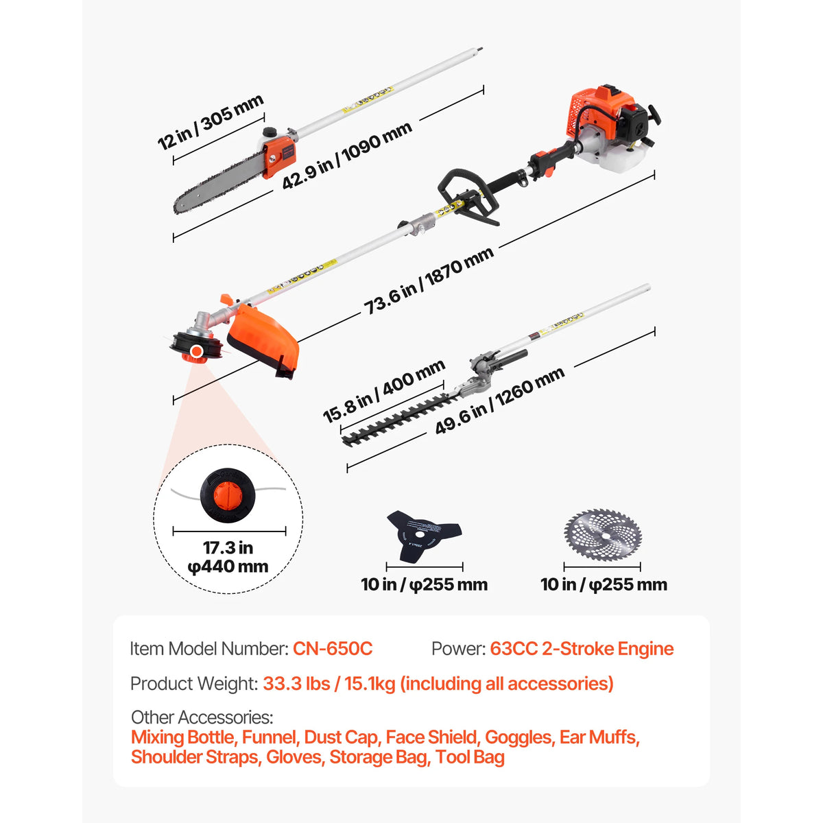 A gas-powered hedge trimmer and accessories including a mixing bottle funnel dust cap face shield goggles ear muffs and stora