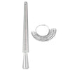 A metal ring sizing gauge with multiple cones and a graduated scale.