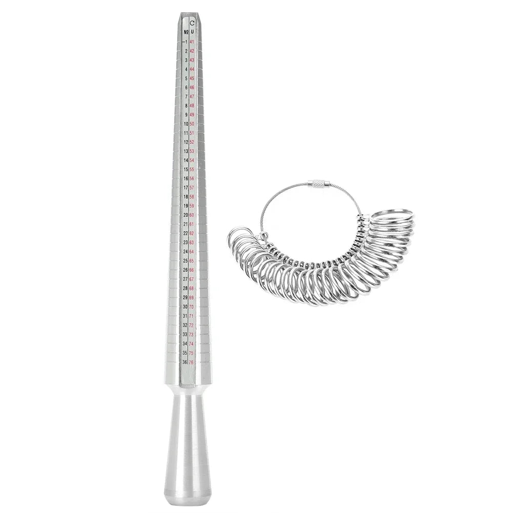 A metal ring sizing gauge with multiple cones and a graduated scale.