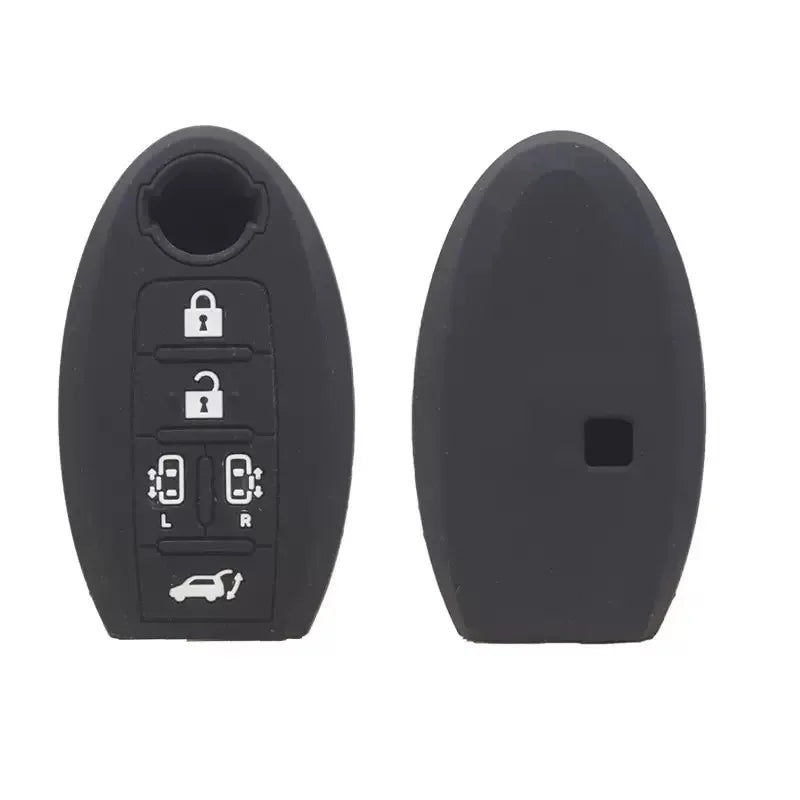 Black silicone key fob cover with a slot and buttons for Nissan vehicles