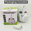 A solar emergency charging lamp is shown in its packaging box and as a standalone device.