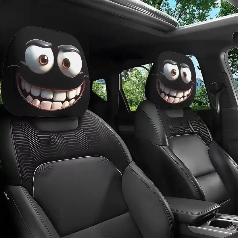 A pair of horror-themed car headrest covers featuring creepy face designs installed in a vehicle seat.