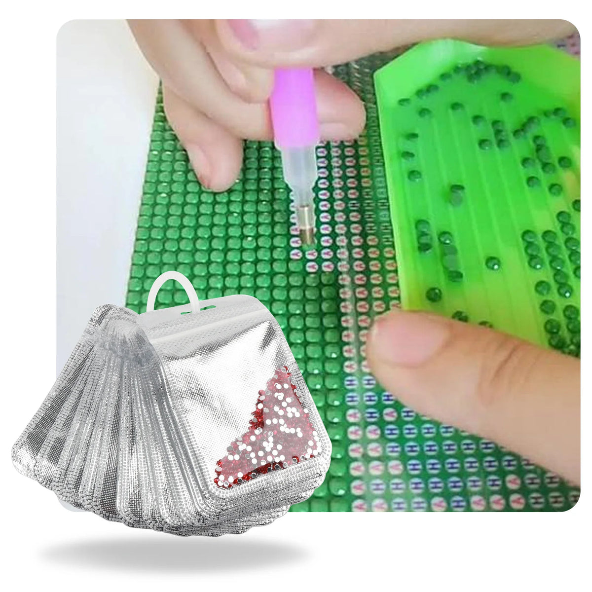 A silver diamond art storage bag with a pink seal is shown next to a green grid of beads and a pink liquid dispenser.