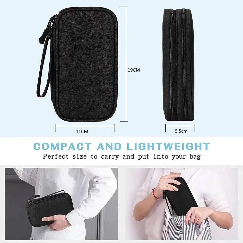 Black waterproof double-layer travel organizer for cables and accessories shown in various forms.