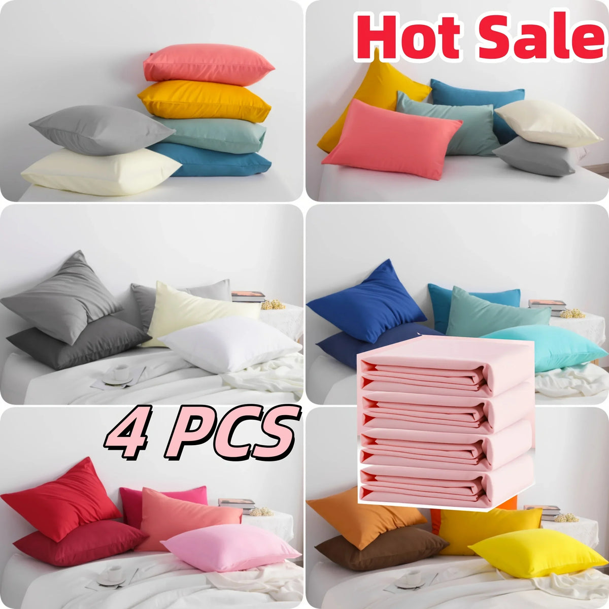 A set of four solid color microfiber pillowcases in pink, yellow, blue, and gray are displayed on a bed.