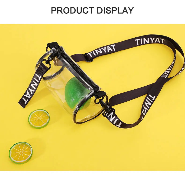 A clear crossbody bag with a green item inside and a black adjustable strap displayed on a yellow background.