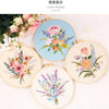 A collection of five round floral embroidery displays featuring various pink, purple, and white flowers on light blue and cre